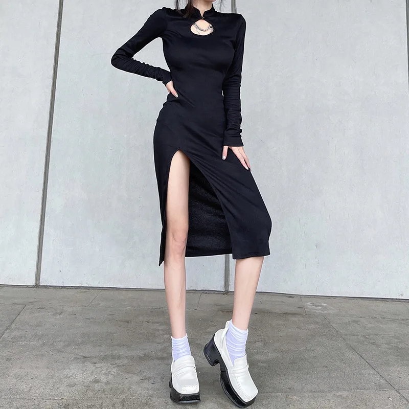 

Elegant Long Sleeve Women Elastic Knitted Dress Autumn Vintage Hollow Out Side Slit Slim Bodycon Dresses Sexy High Waist Vestido