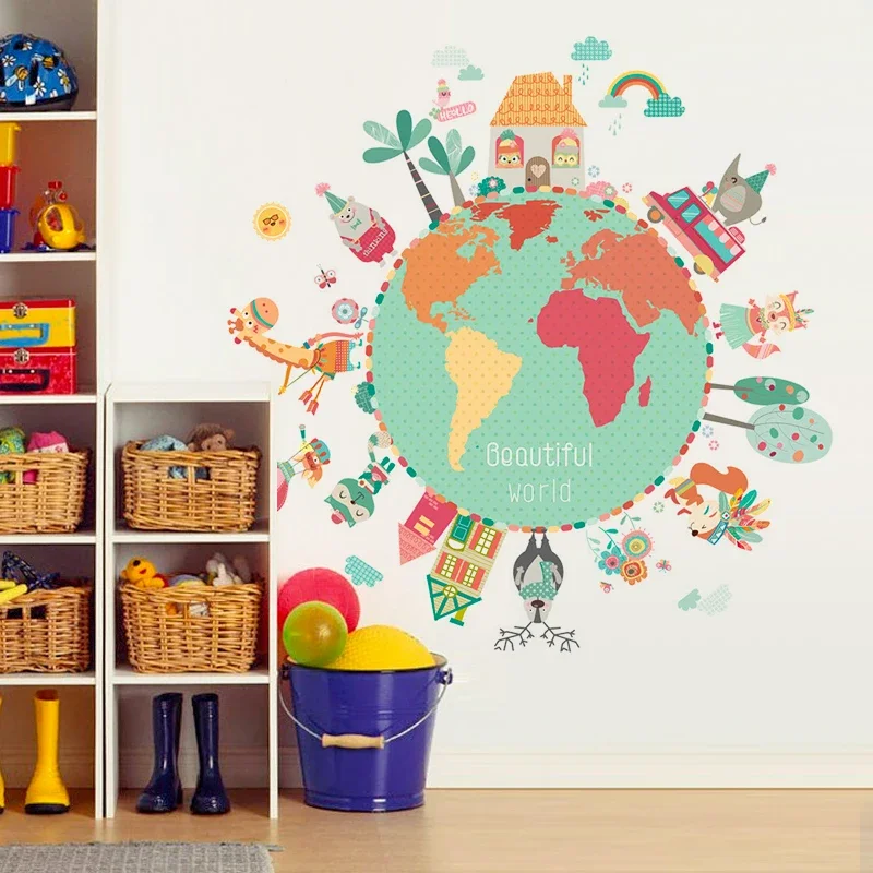 Cartoon creative earth stickers living room wall decor home decor wall sticker kids room decoration cute animal self-adhesive