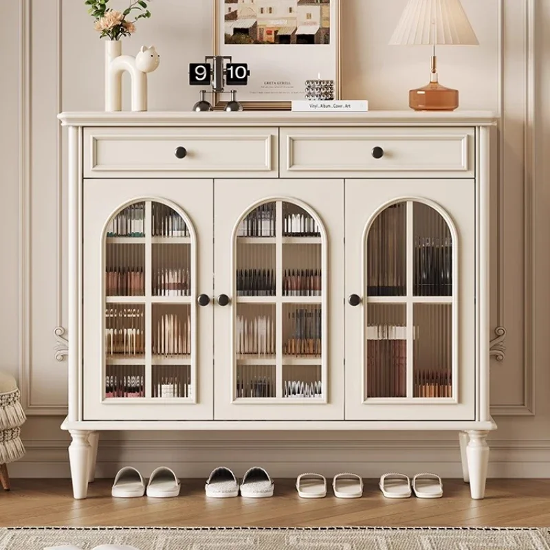 French cream style all solid wood shoe cabinet and entrance cabinet are integrated