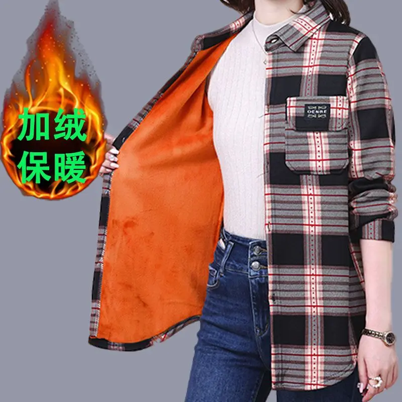 Add Velvet Plaid Shirt Female Fashion Spring Autumn Winter Warm Bottom Shirt Women\'s Loose Long Sleeved Shirt Jacket Tops