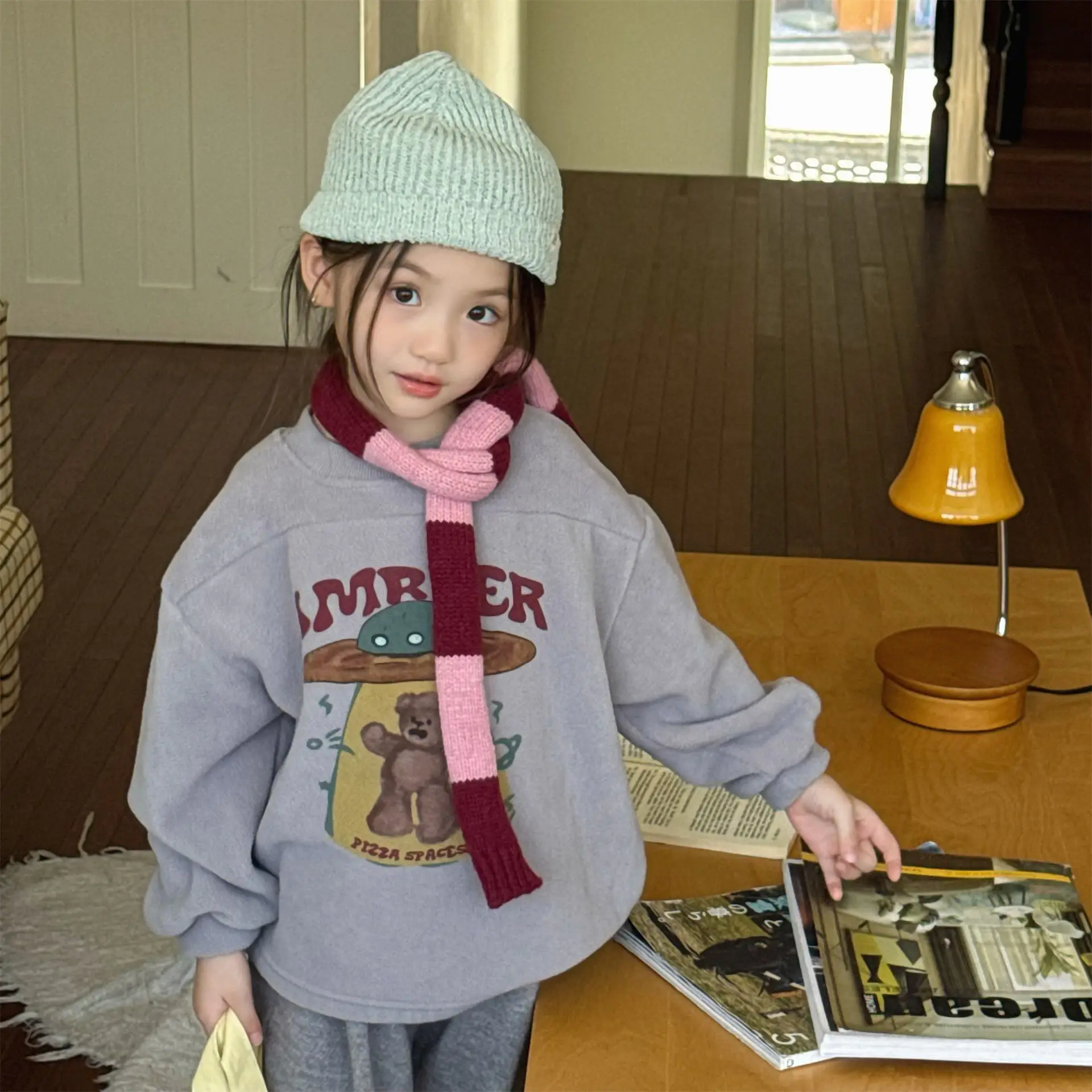 

2025 Winter New Children Fleece Sweatshirt Cartoon Print Boys Casual Pullover Plus Velvet Thick Kids Girls Long Sleeve Warm Tops