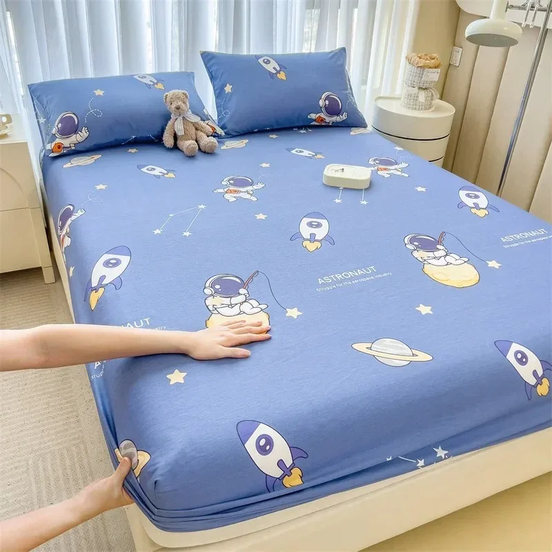 

Cute Astronaut Fitted Sheet with 2 Pillowcase Twin for Kids Boys Cotton Cartoon Rocket Universe Planet Star Blue Bed Sheet Set
