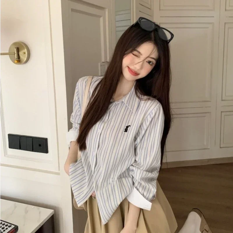 2025 otoño camisa a rayas francesas Mujer nuevo diseño blusa suelta Mujer Casual Oficina Tops Camisas De Mujer