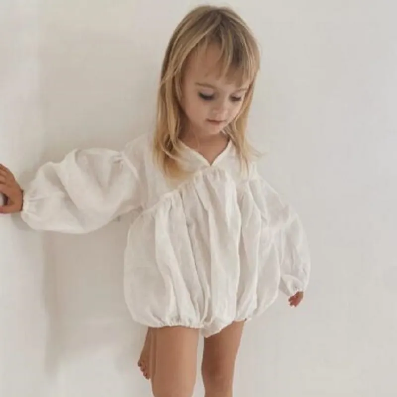 Baby Girl Princess Linen Cotton Dress Romper Long Sleeve Infant Toddler Girl Homesuit Casual White Baby Clothes 0-6 Years