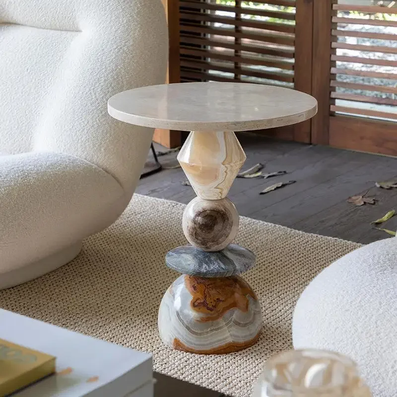Artistic Creative Marble Stacked Side Table, Multi-Shape Accent Table, Stylish End Table for Living Room Furniture