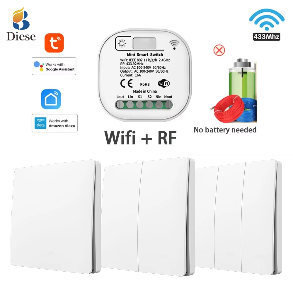 TUYA WiFi RF433 Self Powered Wireless Switch Without Battery Remote Control Waterproof Home Wall Panel Light Switch AC110V 220V