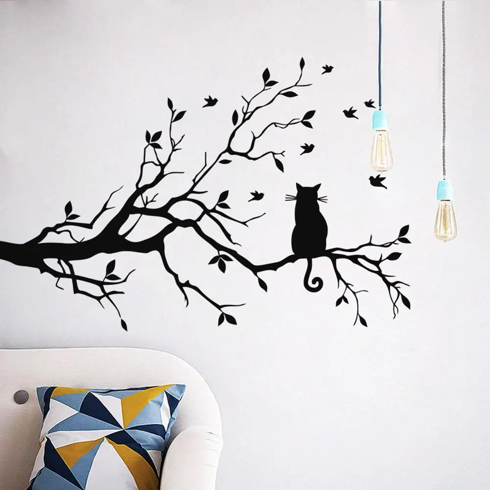 

M258 Cat On Tree Branch Wall Sticker Living Room Sofa Background Bedroom Home Decoration Animal Decals Stickers