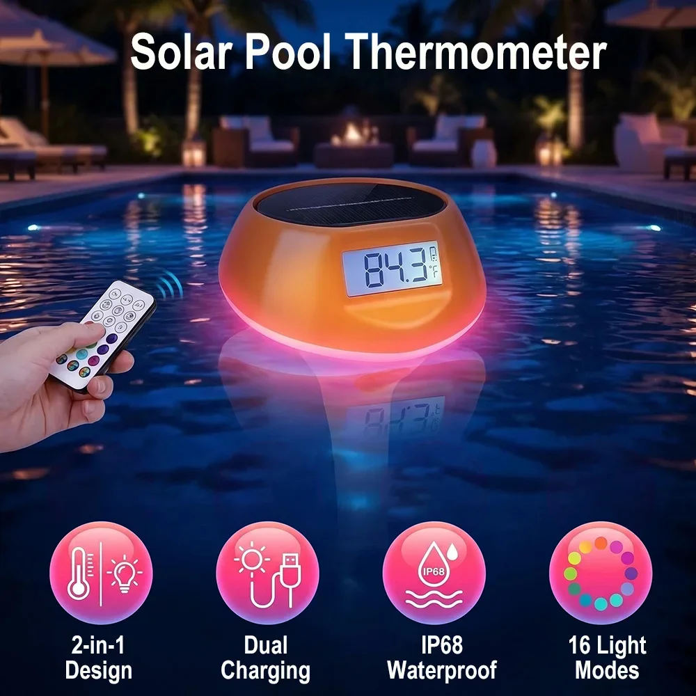 Solar Powered Pool Thermograph Light 16 Modes IP68 Backlit Display Magnetic Charging Thermometer For Swimming Pools Ponds