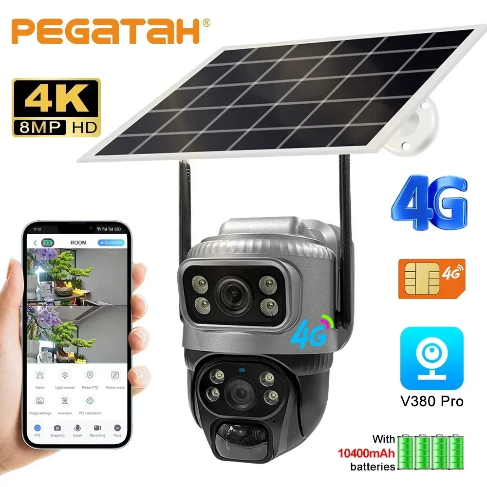 8MP 4K Doppia Lente 4G Telecamera Solare PIR Visione Notturna Rilevazione Umana Impermeabile Video di Sicurezza IP Cam Batteria CCTV Monitor