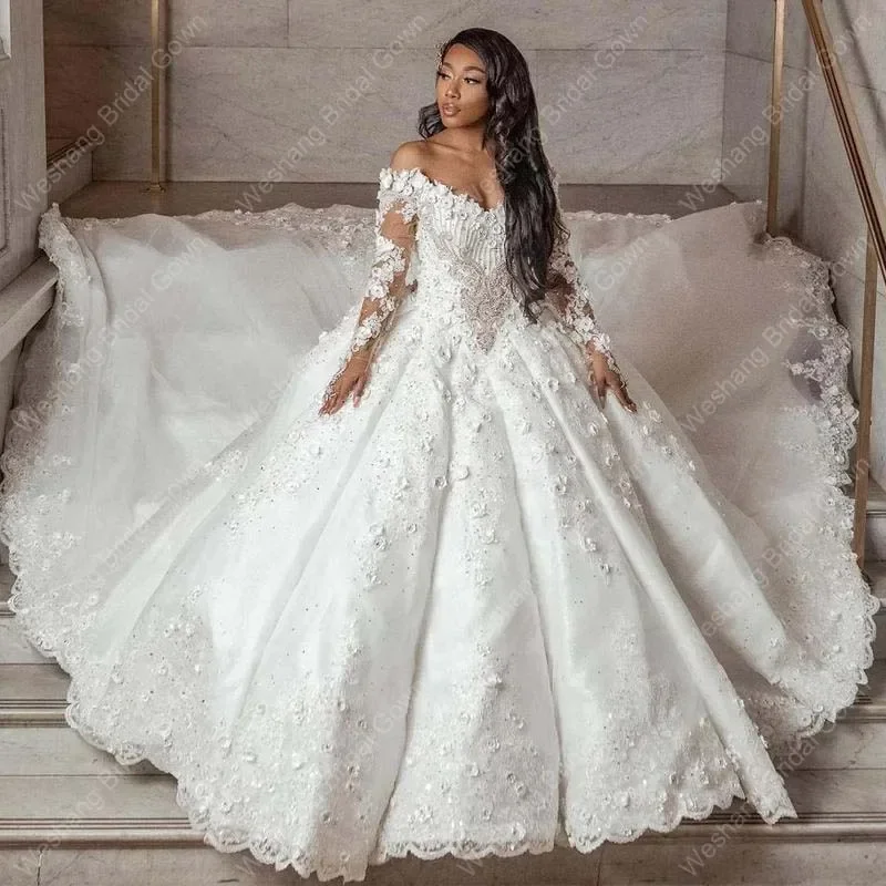 

Customized Vestidos De Novia A Line Wedding Gowns Off Shoulder 3D Flower Ruched Lace Appliques Plus Size Church Train Bridal Par