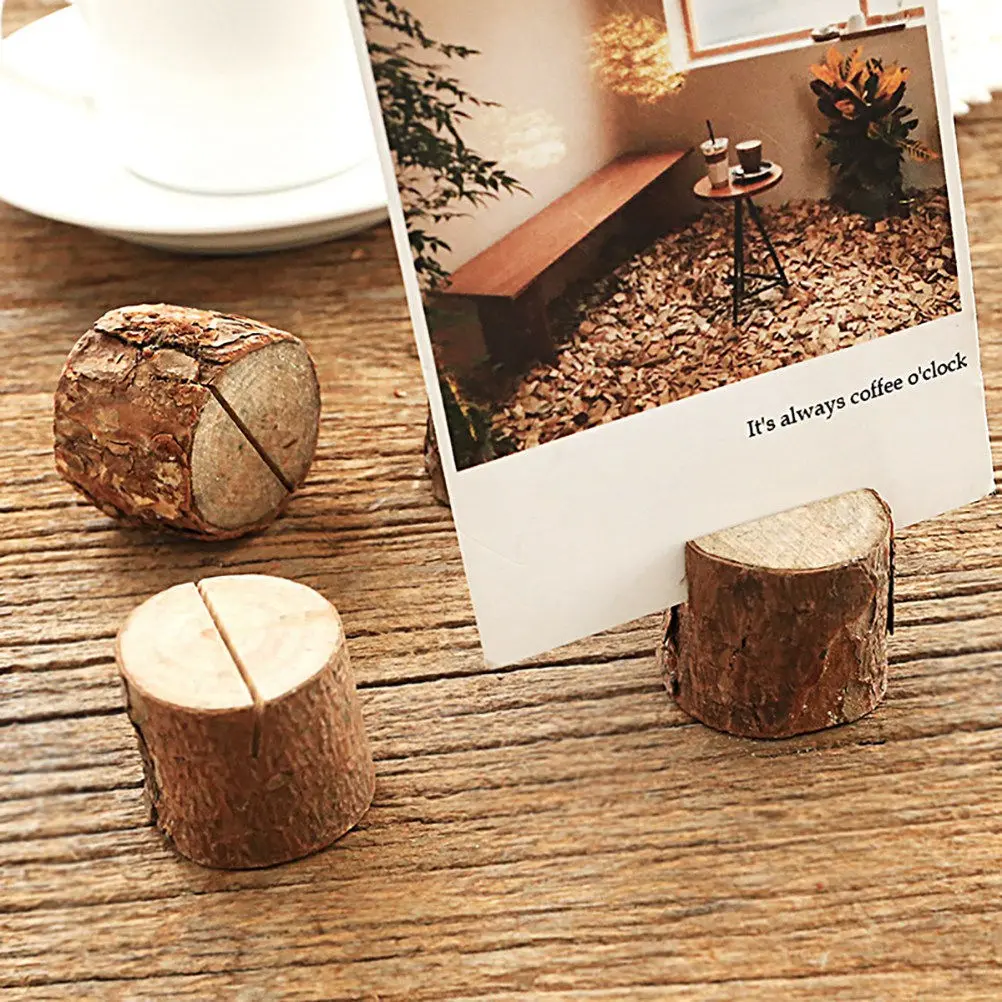 12Pcs Wood Pile Number Clip Memo Stand Stump Shape Card Holder Wedding Party Table Photo Display Holders Memo Stand