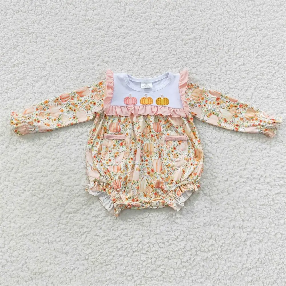 Wholesale Newborn Pumpkin Floral Bubble Romper Baby Girl Embroidery Jumpsuit Kids Toddler One-piece Thanksgiving Flower Clothes