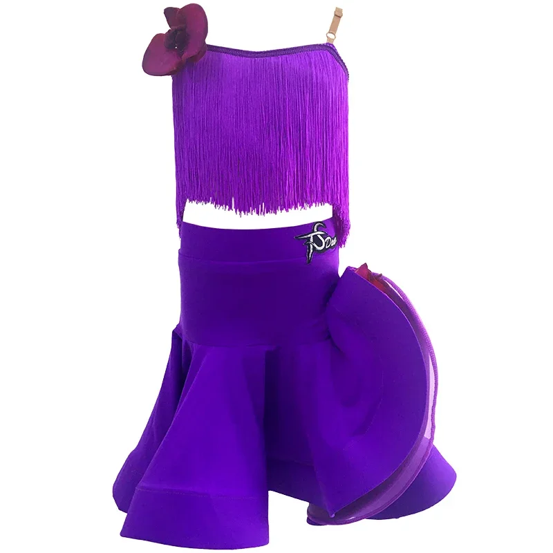 

2025 Kids Latin Dance Costume Girls Purple Tassel Suit Tops Skirt Performance Outfits Cha Cha Rumba Competition Clothing