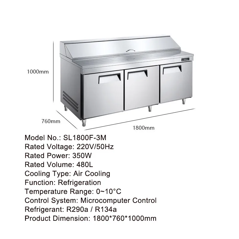 2 Door Stainless Steel Refrigerated Prep Table Digital Control Sliding Lid Commercial Salad Pizza Cooler（Customized）