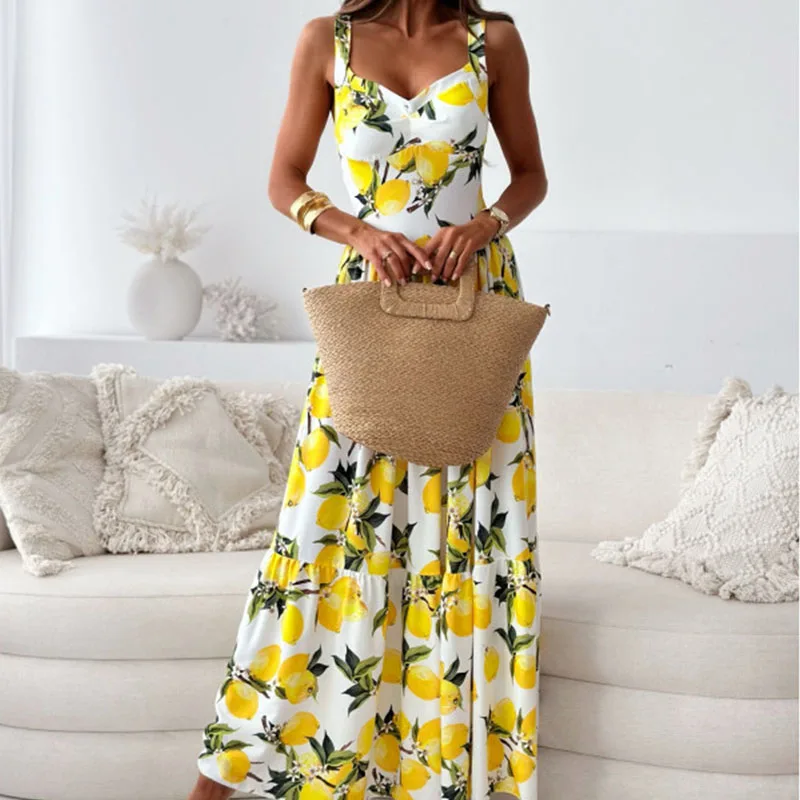 Summer New Elegant Lemon Printed Holiday Dress 2024 Women Suspender V-neck Long Party Dress Chic Female High Waist Maxi Dress