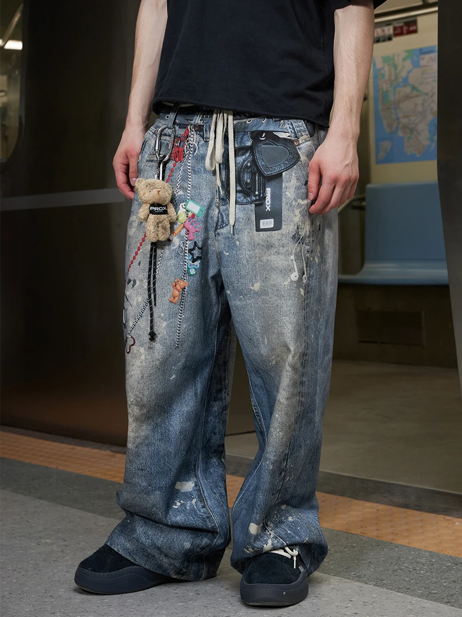 

Ретро-джинсы в американском уличном стиле с широкими штанинами, с цифровым принтом, свободного кроя, удлиненные, повседневные, из хлопкового стрейч-денима