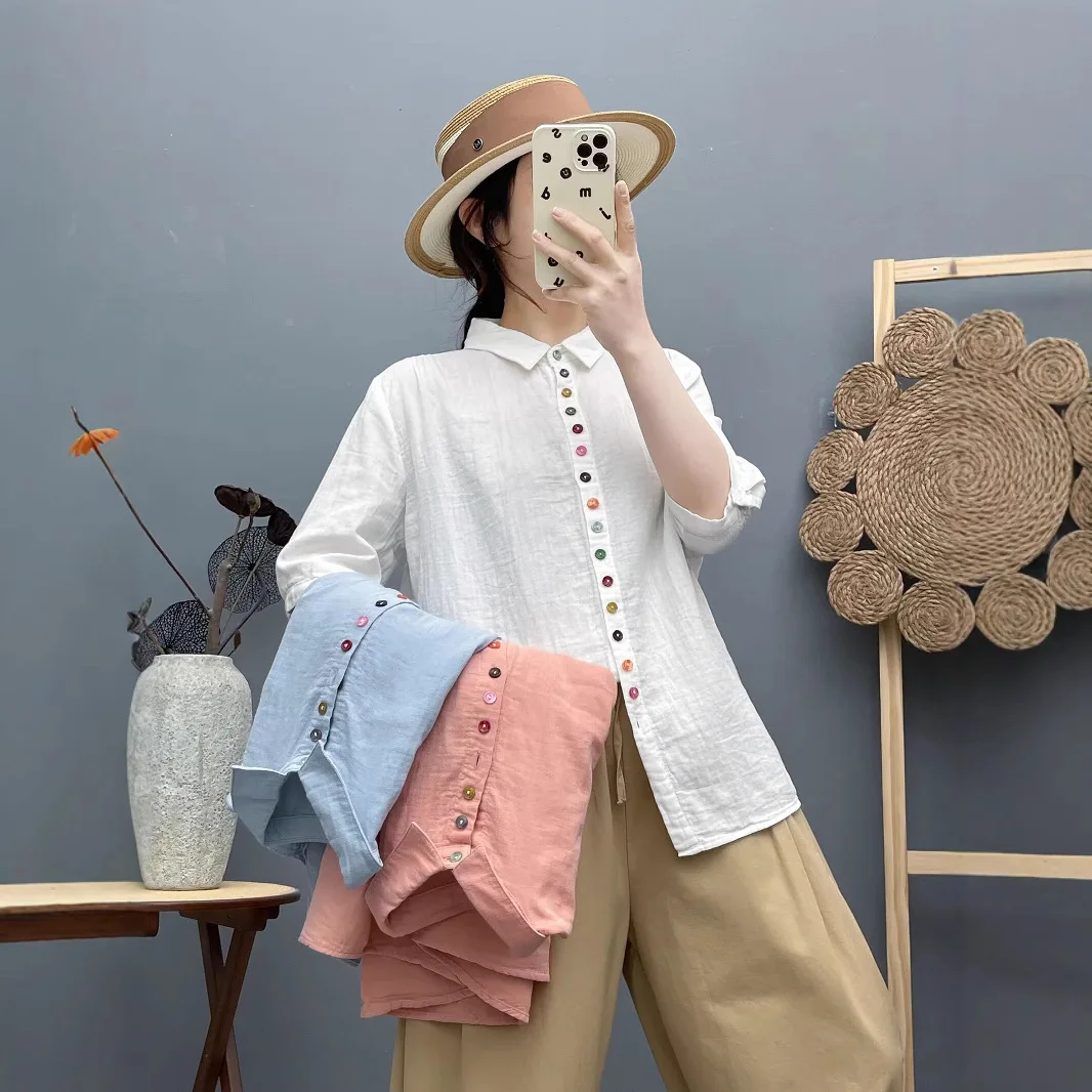 

Лето 2022, рубашки из двойной 100% хлопчатобумажной пряжи, женские свободные топы с отложным воротником для девочек, рукава 3/4, белые, розовые, синие блузки