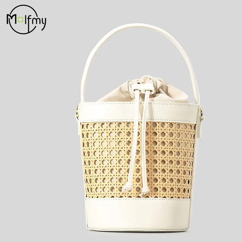 Hollow Bucket Bag Summer Beach Bag Imation Wicker Drawstring Woven Handbags Luxury Pu Leather Shoulder Crossbody Bags Vacation