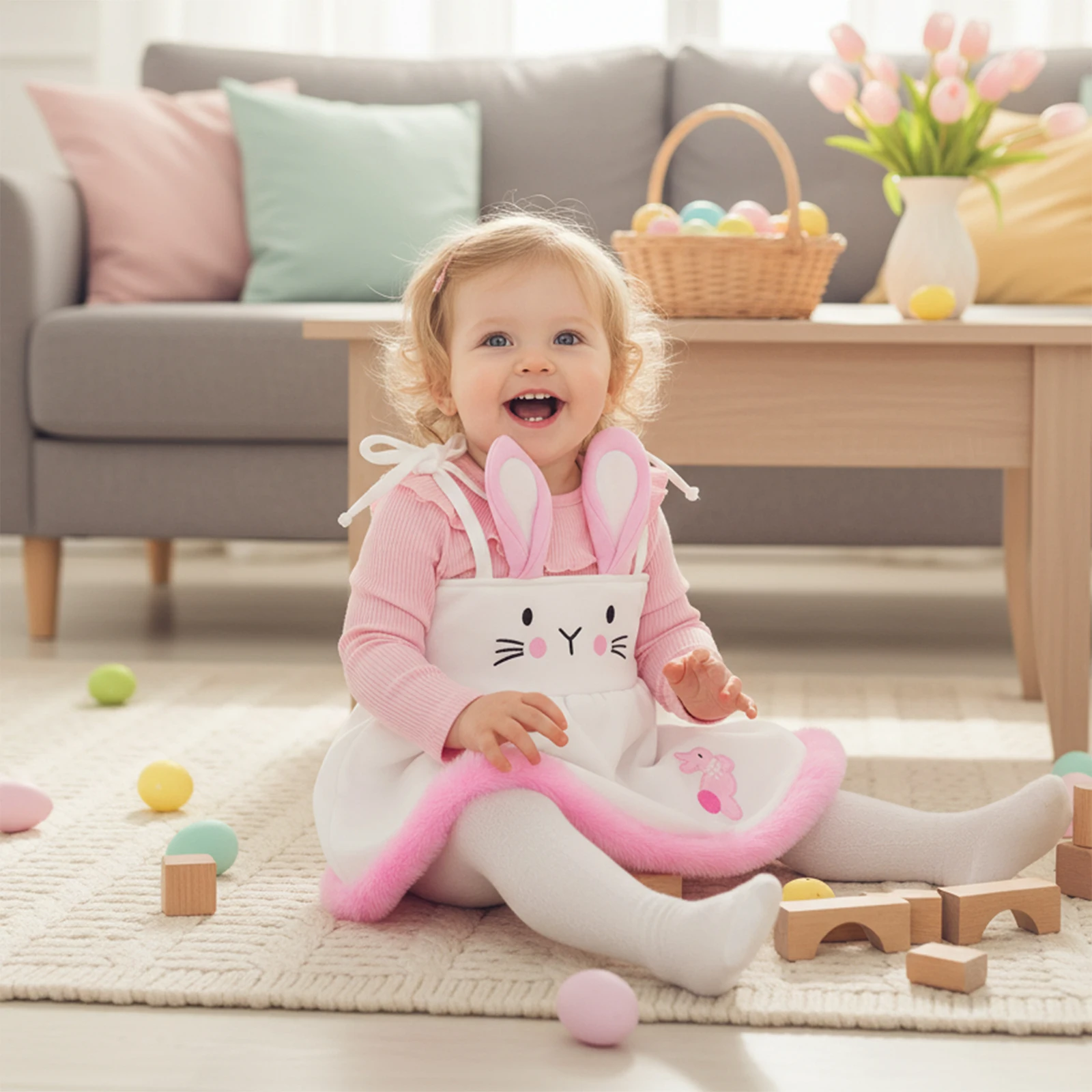 Baby Girls 2Pcs Easter Outfits Long Sleeve Romper + Bunny Suspender Dress Set Newborn Clothes