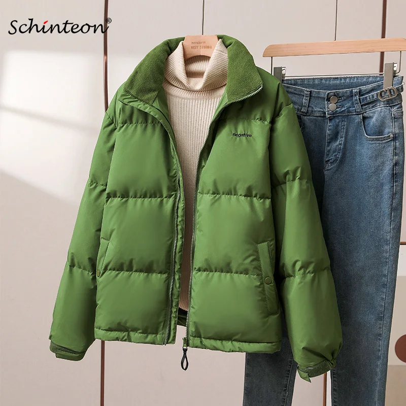 Schinteon Women White Duck Down Jacket Stand Collar Korean Style Autumn Winter Thick Warm Outwear Loose Casual Over Size Coat