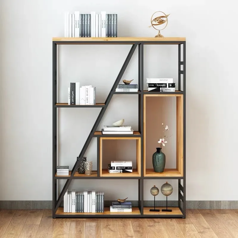 Living room wrought iron storage floor sample display bookcase office solid wood partition shelf