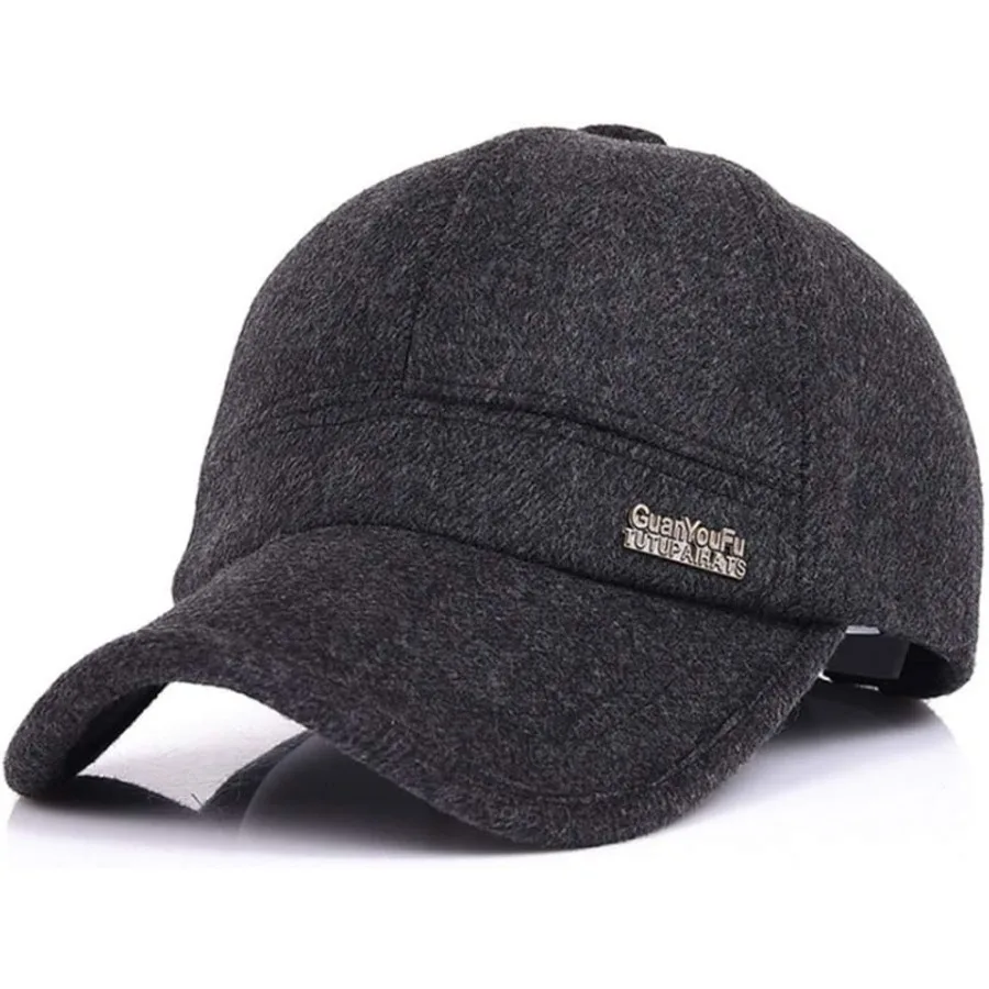 

YAKER Men's Winter Warm Woolen Peaked Baseball Cap Hat with Earmuffs Metal Buckle