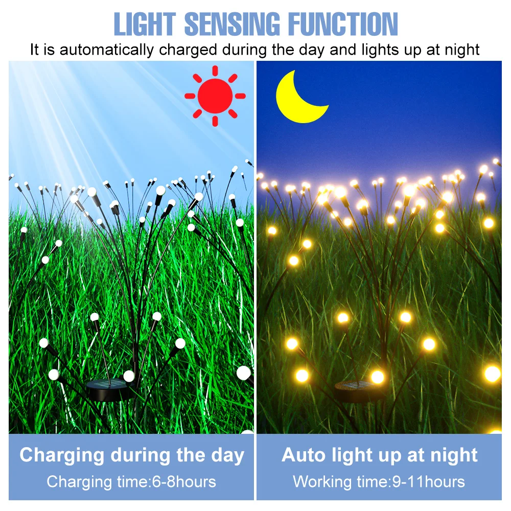 2PCS LED RGB Solar Fireflies Light Christmas Decoration Dandelion Fairy Flash Firefly Lawn Lamp Waterproof Outdoor Garden Lights