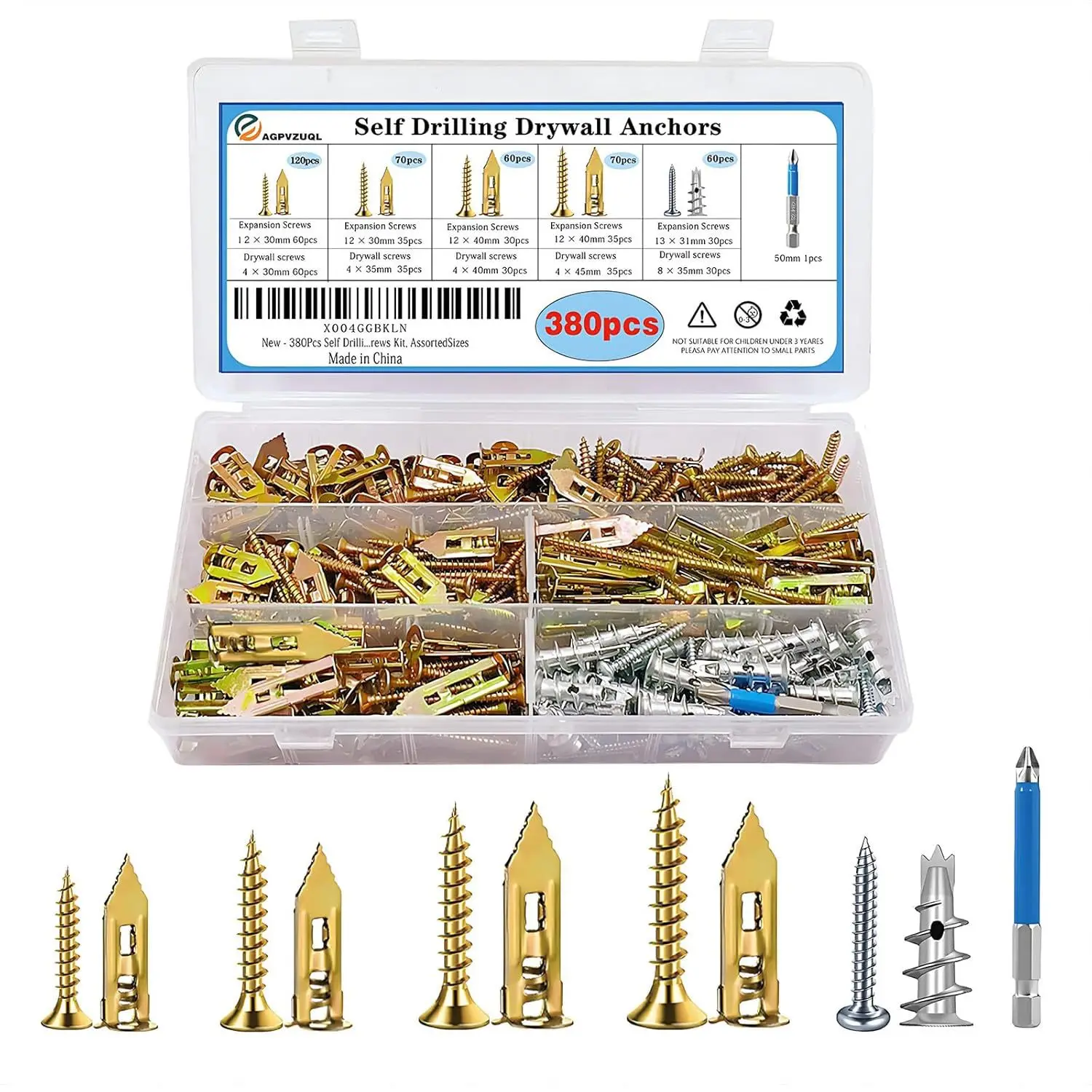 380/400pcs Self Drilling Drywall Anchor with Screws Kit self tapping Expansion screw Heavy Duty Metal Wall Anchor Zinc Plated