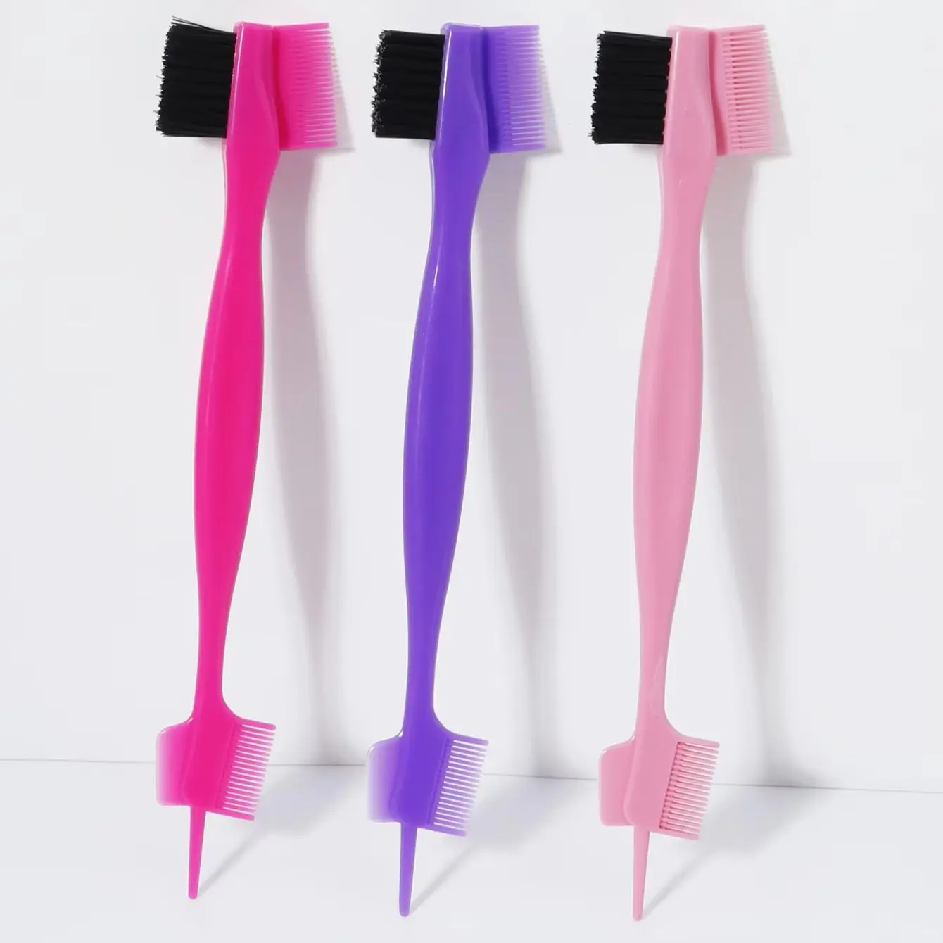 

Professional three in one edge control brush with pointed tail and dual comb combing design, special for real hair wigs