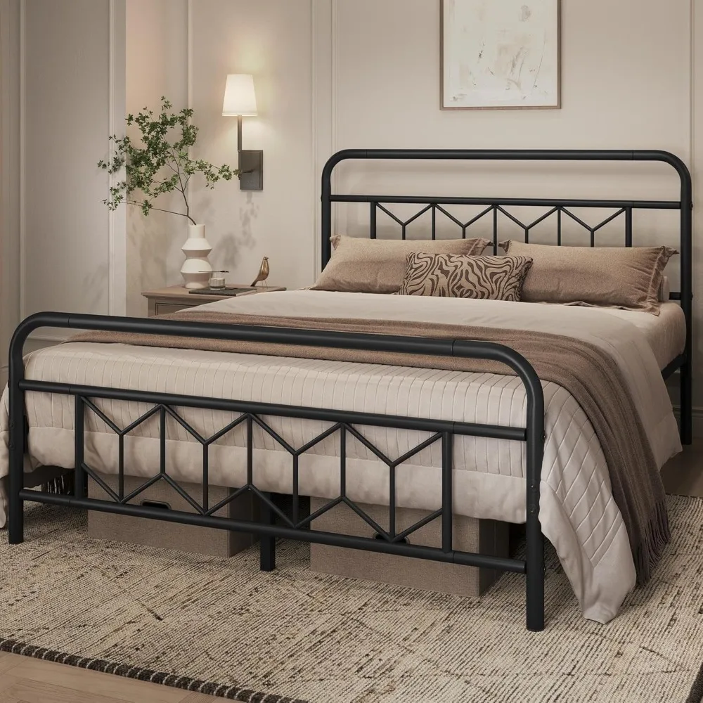 

Vintage Style Metal Platform Bed Frame Queen Size with Headboard Storage No Box Spring Needed