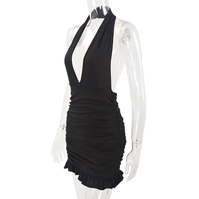 

New Summer Style Ruffle Edge Hanging Neck and Buttocks Skirt 2024 European and American Sexy Hollowed Out Pleated Dress