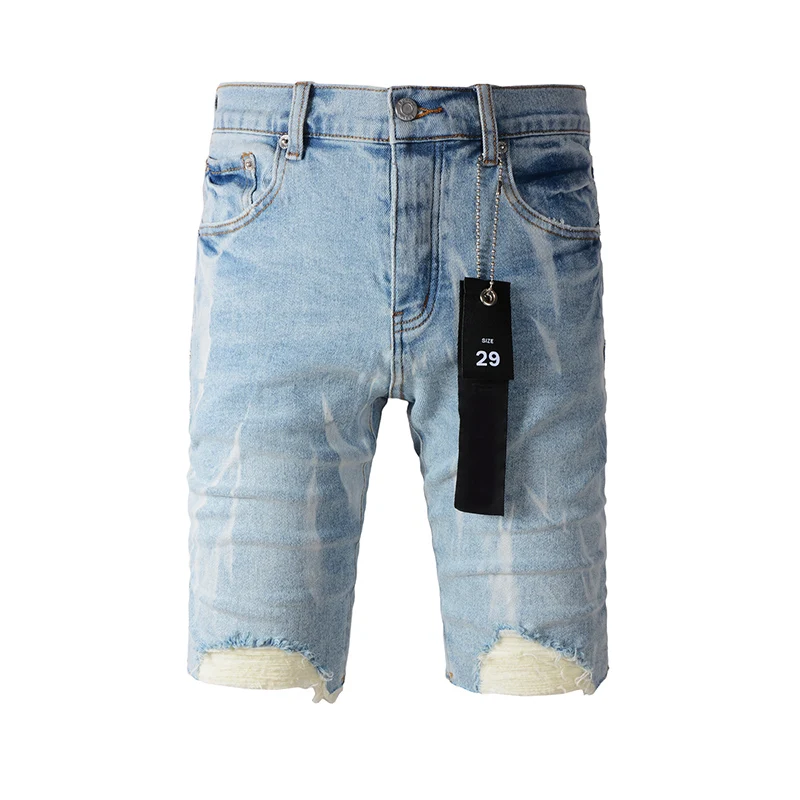 Light Indigo Streetwear Distrssed Summer's Scratched Blue Holes Jean Shorts Ripped Denim Shorts