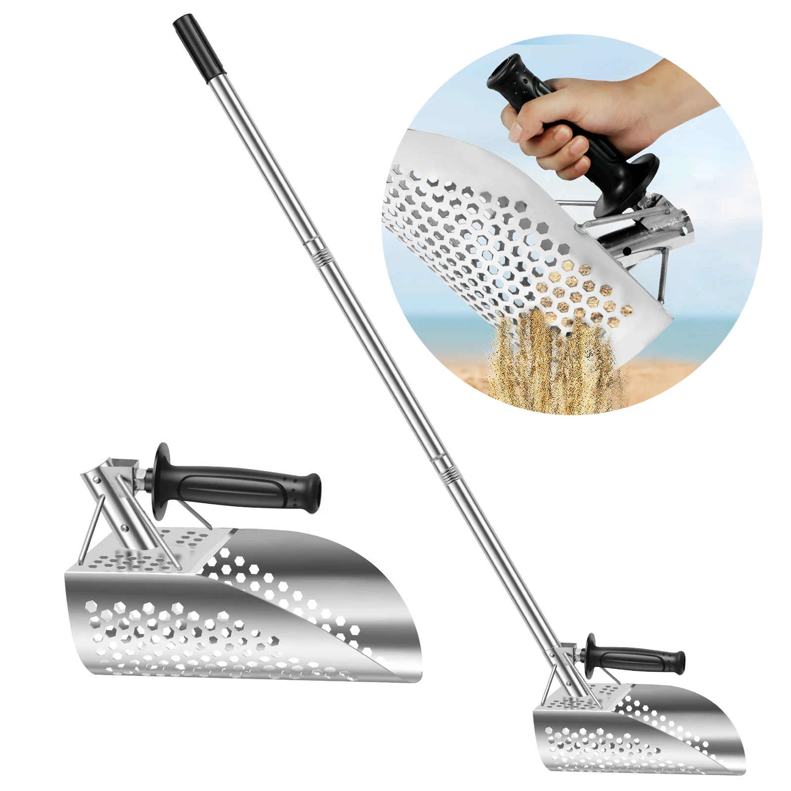 Long Handle Sand Scoop Heavy Duty Stainless Steel Metal Detecting Sand Scoop with Long Handle for Underwater Treasure Hunting