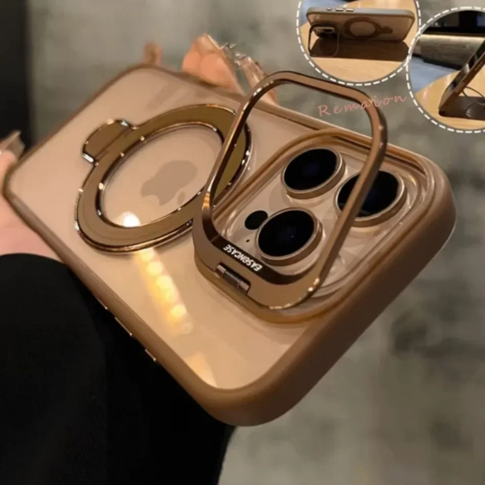 New Gold 16 Magnetic Glass Lens Stand Phone Case for iPhone 16 11 13 15 12 14 pro Max 16 plus Funda Magsafe Clear Cases Cover