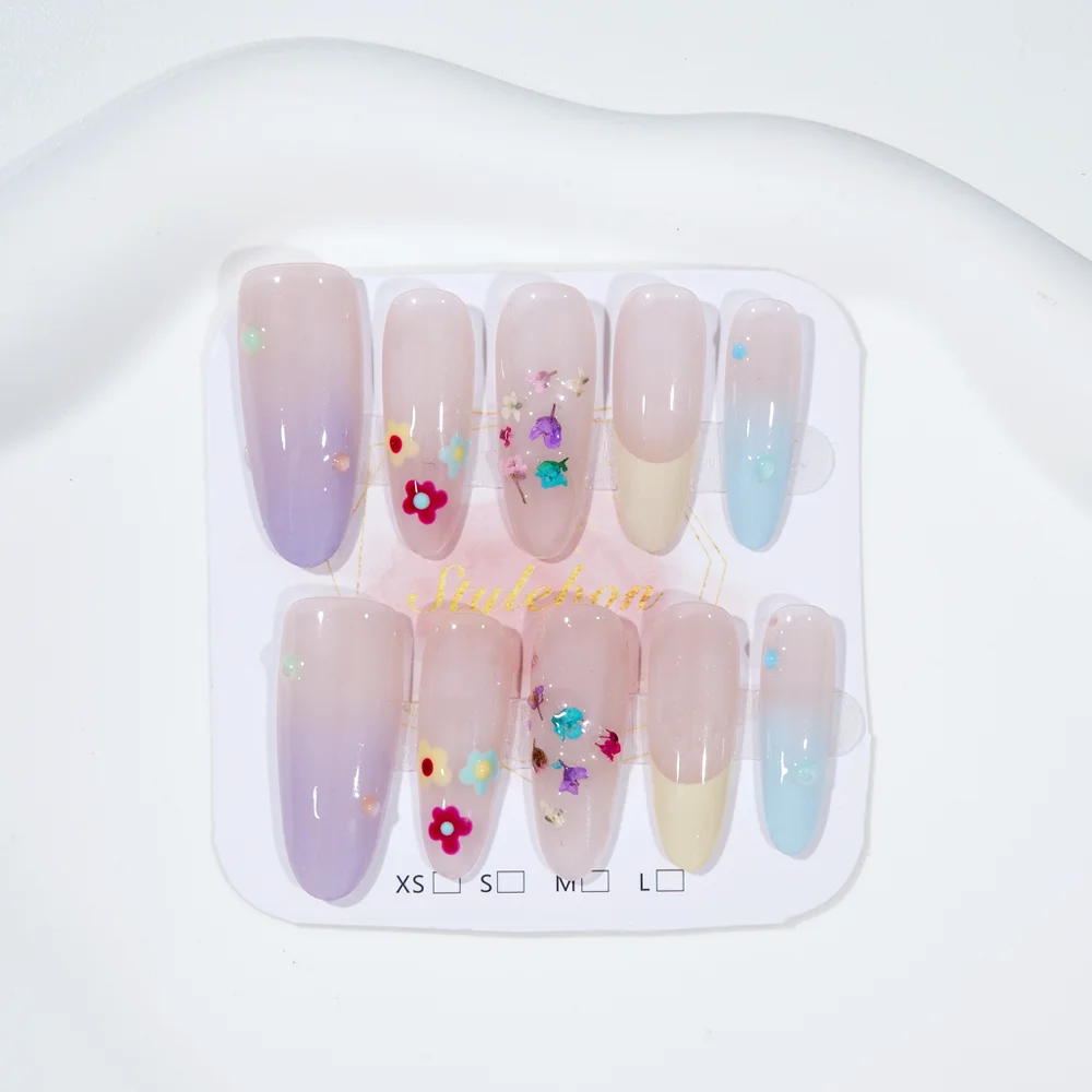 

10Pcs Press on Handmade Nails Pink Gradient Summer Flower French False Nail for Women&Girl Almond Removable Wearable Fake Nail