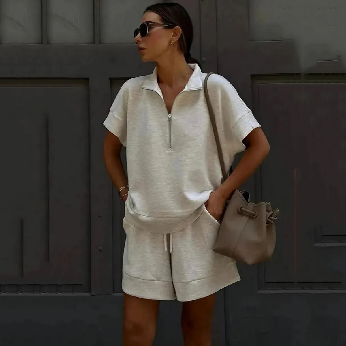 Summer Women Two Piece Sets Half Zipper Polo Neck Short Sleeve Tee with Shorts Relaxed Fit Vacation Athleisure Suit