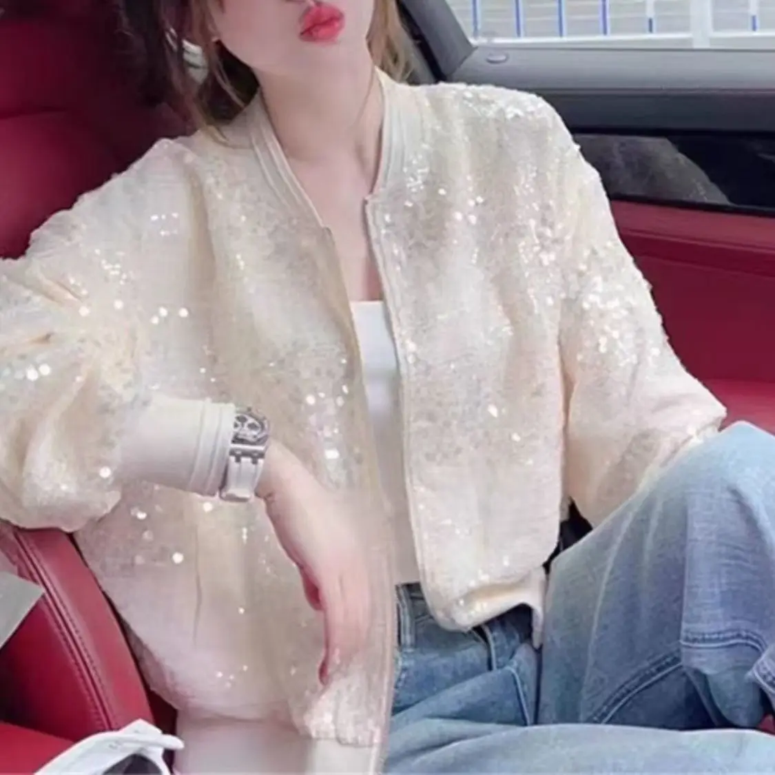 Summer Sequins Thin Jacket 2026 New Women Bling Sun Protective Clothing Spring Autumn High Street Baseball Uniform Short Jacket