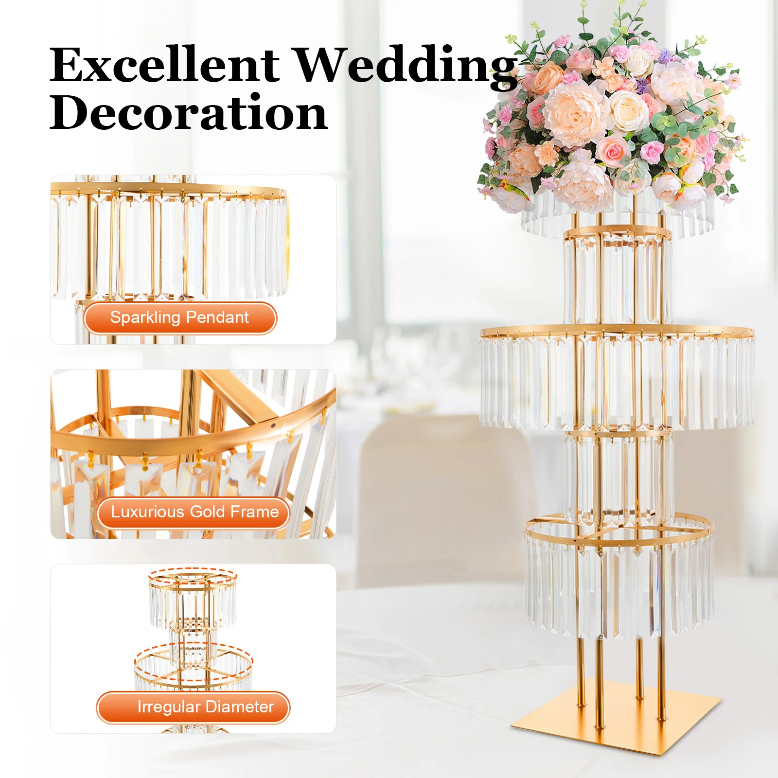 Crystal Flower Stand Vase Centerpiece Crystal Flower Holder W/Hanging Crystal Chandelier Background Decoration for Wedding