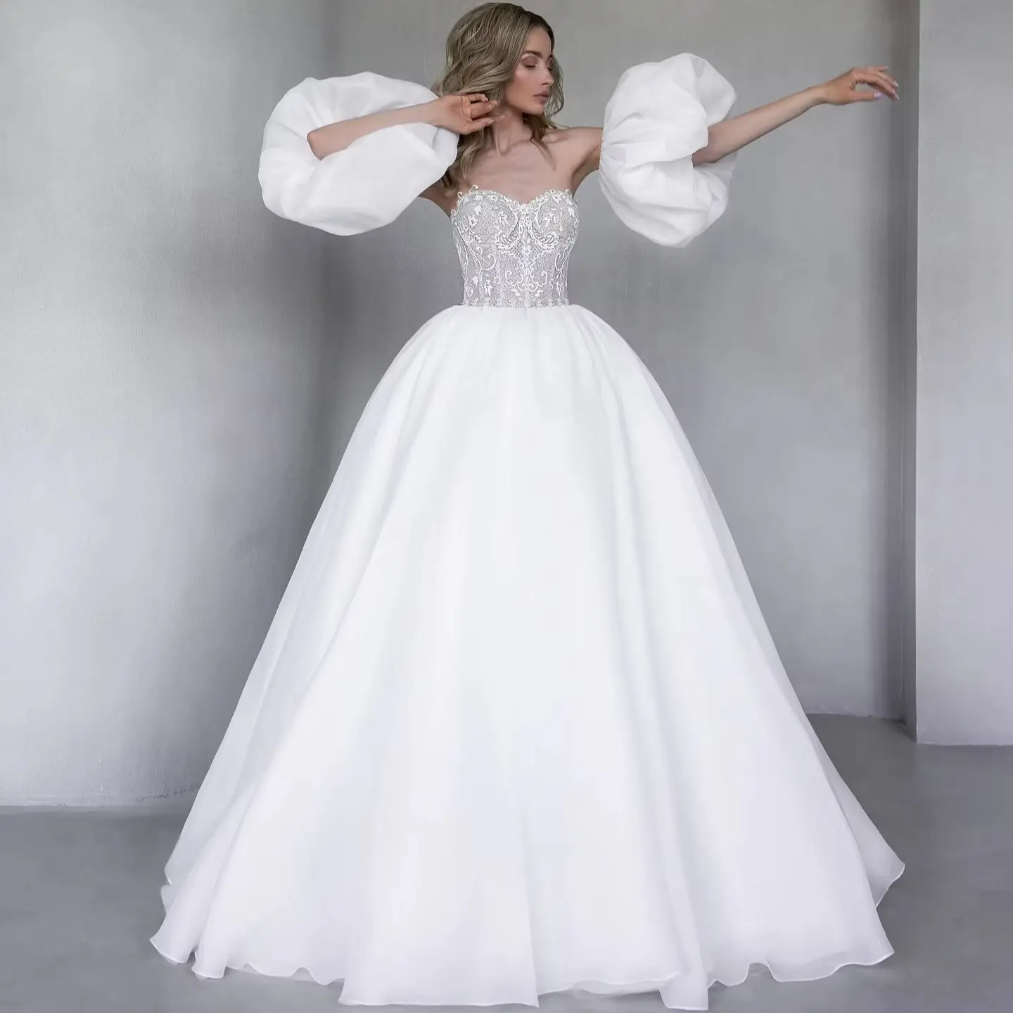 

Wedding Dresses for Brides Sweetheart Illusion Lace Top Vestido de Novia Puff Sleeves Formal Evening Dress Customized