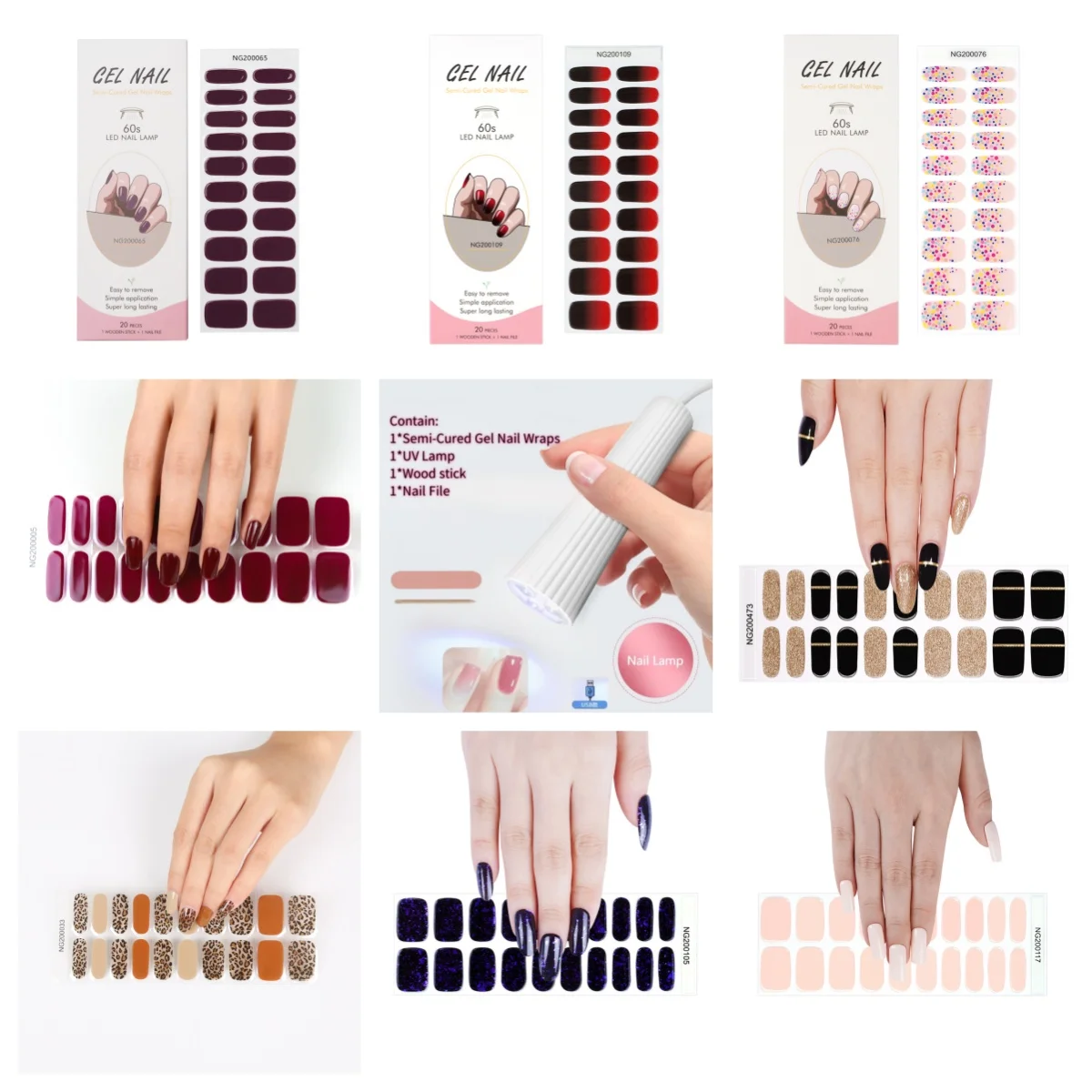 4 szt./zestaw 20 końcówek NG Półutwardzone żelowe paski do paznokci UV z lampą do paznokci Błyszczące naklejki na paznokcie Zestawy do manicure
