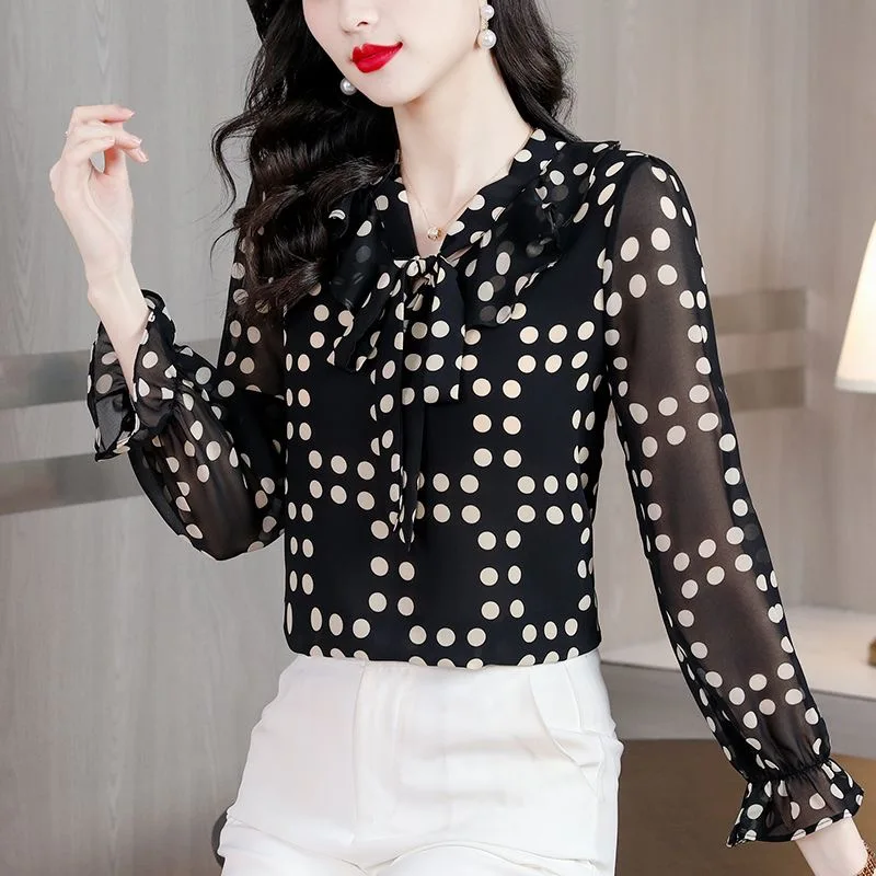 Vrouwen Lente Herfst Stijl Chiffon Blouses Shirts Dame Casual Lange Mouw Strik Kraag Polka Dot Gedrukt Blusas Tops Df4925