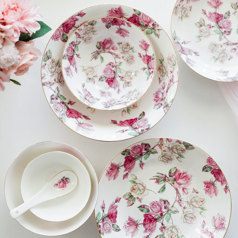 

Wedding Guci Bone China High Grade Rose In Phnom Penh Family Rice Noodle Soup Bowl Set Ceramic Dish European Style Hotel