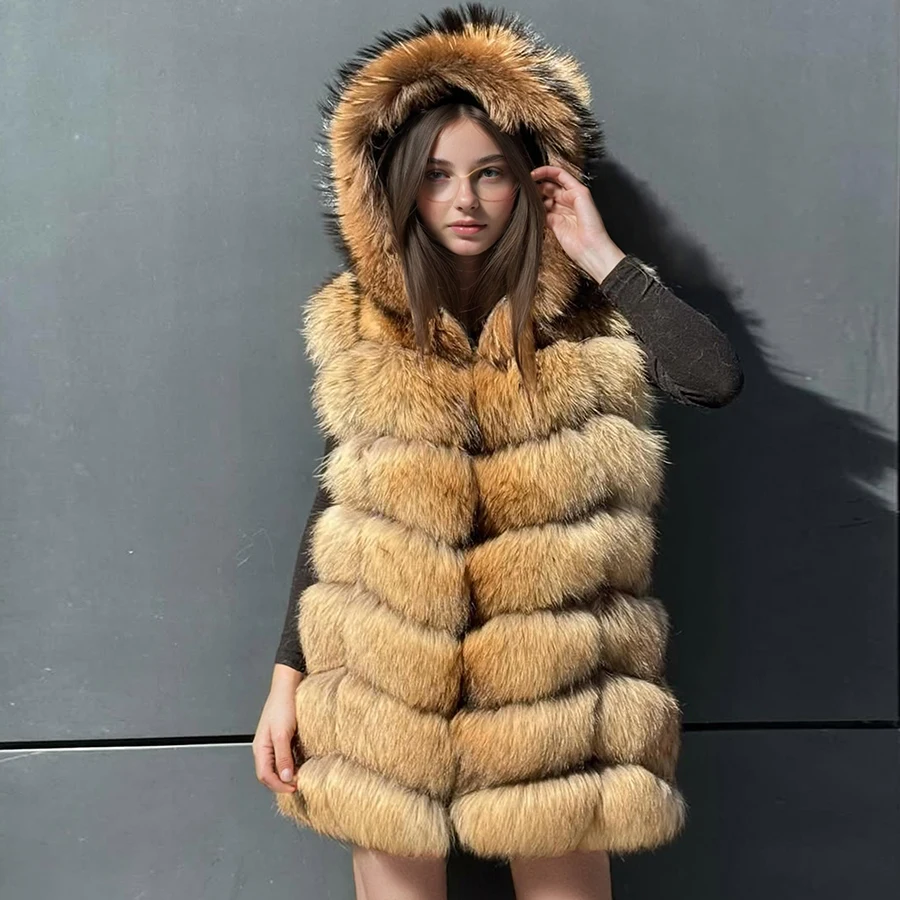 

Real Raccoon Fur Vest With Hood Raccoon Long Fur Vest Natural Racoon Fur Coats High Quality Women's Fur Vest