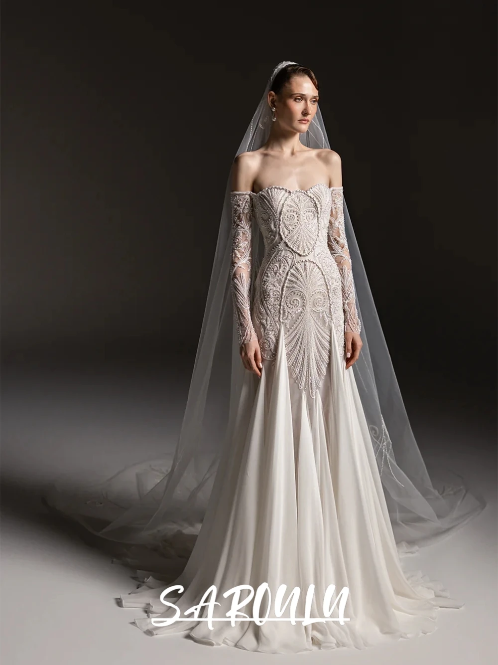 

Luxury Heavy Beaded Embroidery Wedding Dress Customized Off-the-Shoulder Long Sheer Sleeve Mermaid Chiffon Bridal Gown No Veil