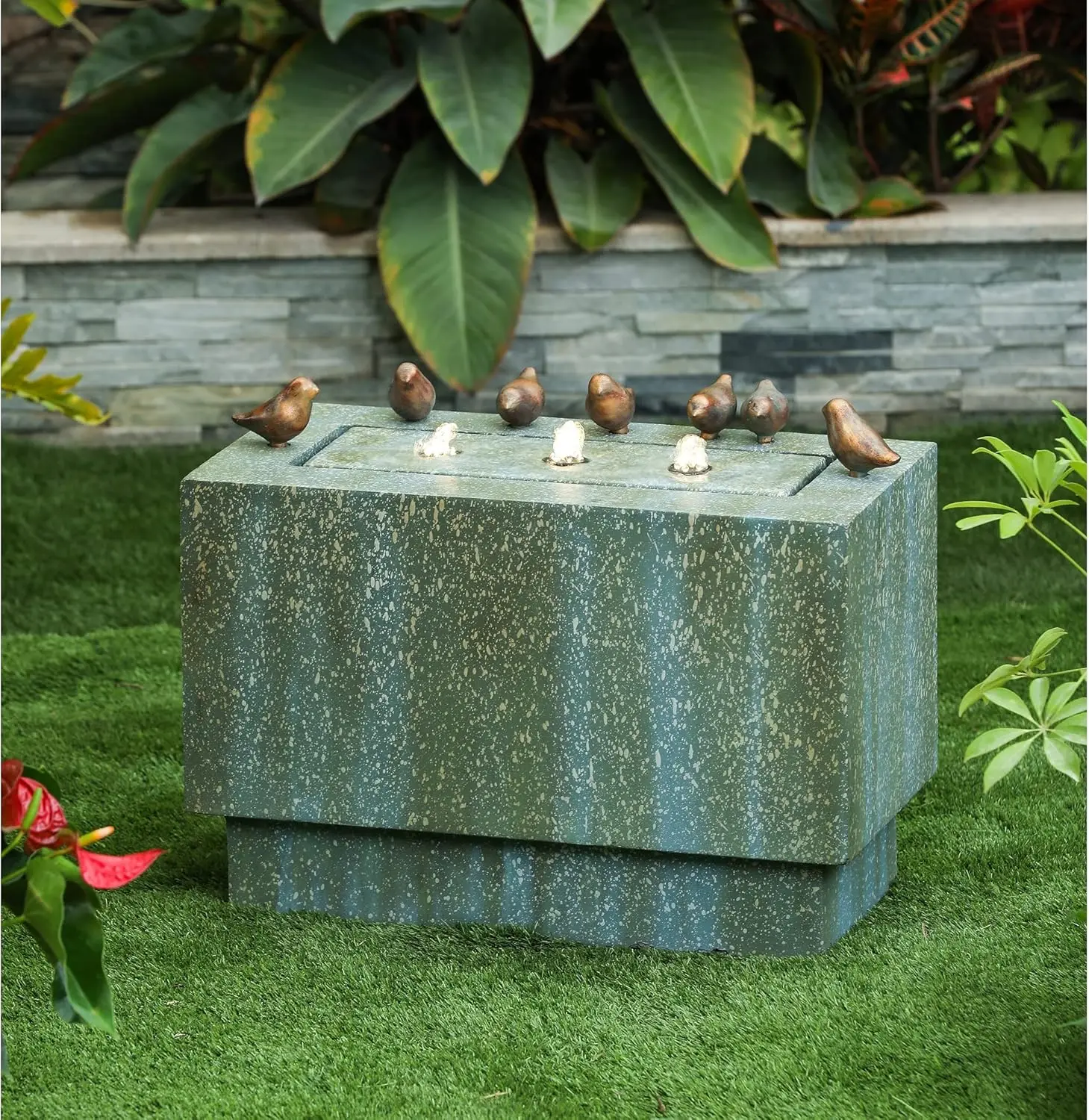 

24" Resin Outdoor Fountain, Stone and Patina Rectangular Fountain with LED Lights, Floor Stacked Waterfall Fountain with Bronze