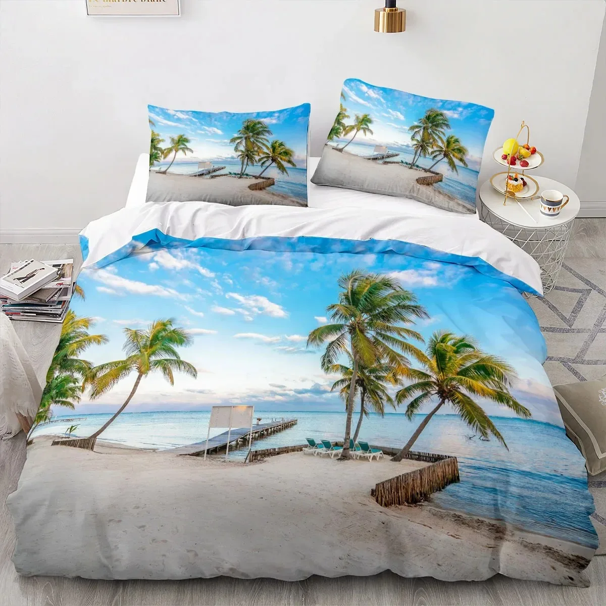 3D Printed Sea View Coconut Bedding Set Pillowcase Duvet Cover Double Twin Full Queen King Adult Kids Bedclothes Quilt Cover