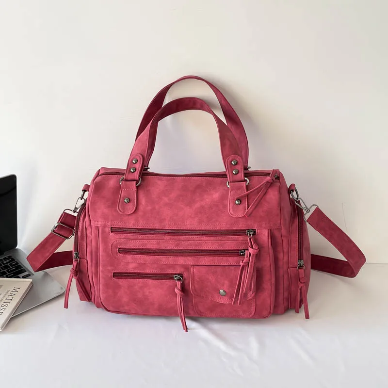 

Однотонная повседневная сумка-тоут из искусственной замши с заклепками и застежкой-молнией, 2026, дорожная сумка большой емкости, портативные многофункциональные сумки на плечо