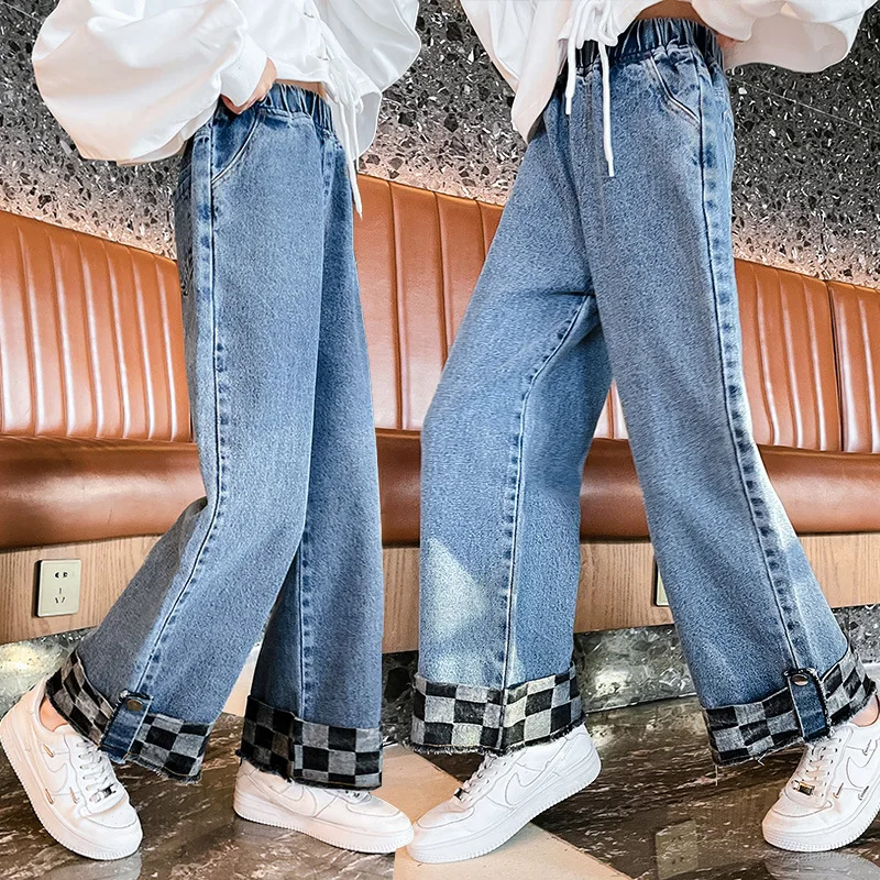 Spring Plaid Children Clothes Wide Leg Pant Fashion All-match Casual Blue Teenager Kids Trousers 10 12 13 Years Jeans for Girls