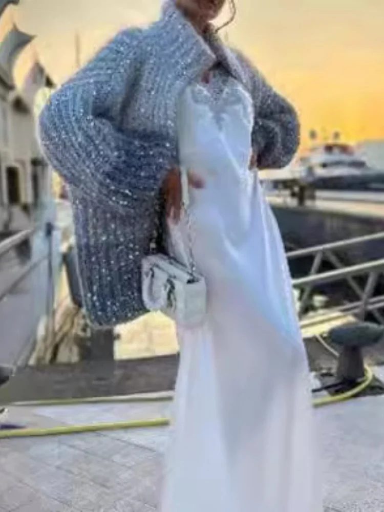 Sweter Tweed Elegan Baru Musim Gugur Musim Dingin Wanita 2024 Gaya Pakaian Rajut Nyaman Leher V Payet Kelas Atas