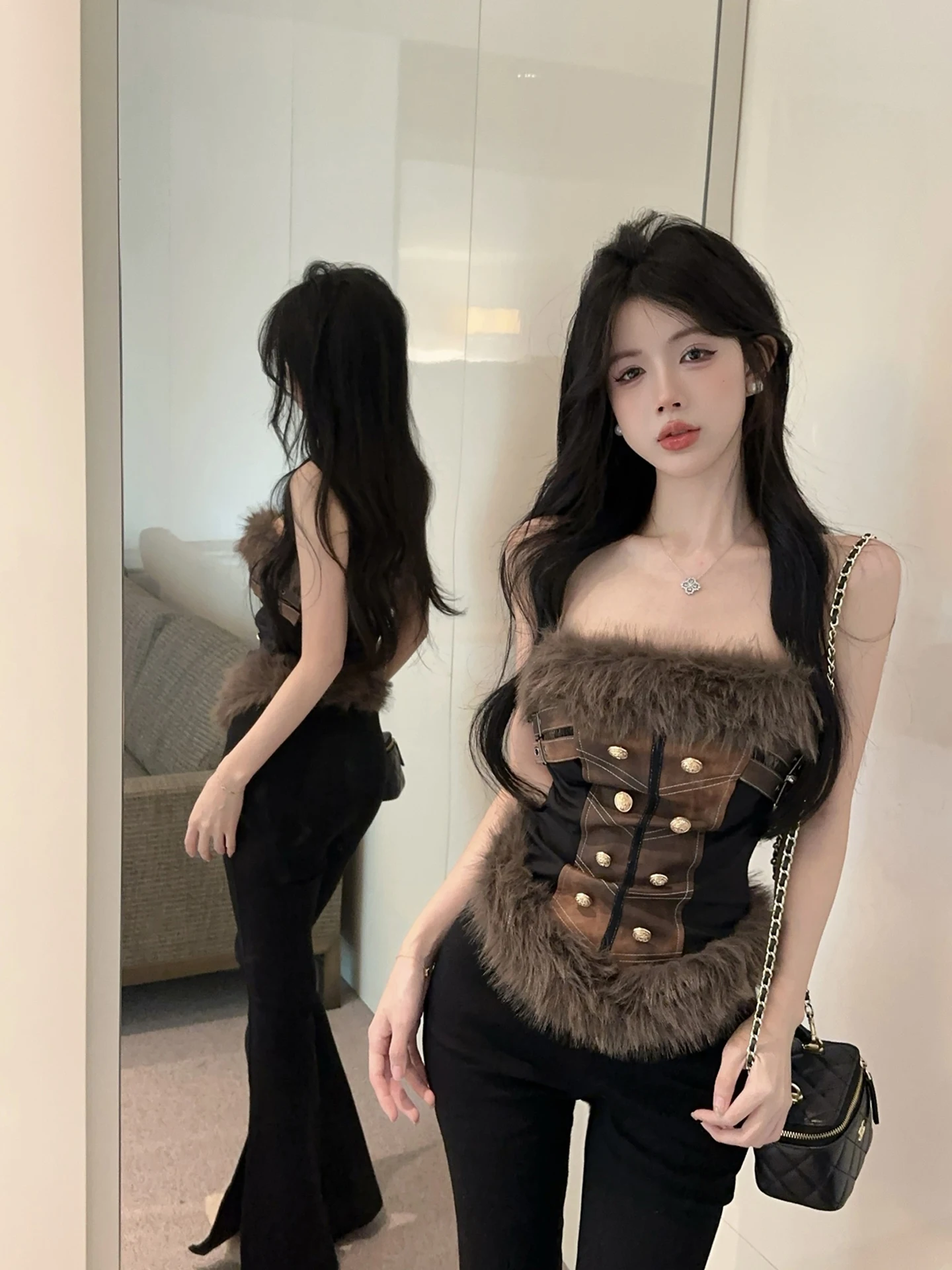 سترة نسائية مثيرة بكتف واحد مع ياقة من الفرو الصناعي ملابس داخلية أمريكية قاعدة irt لخريف وشتاء